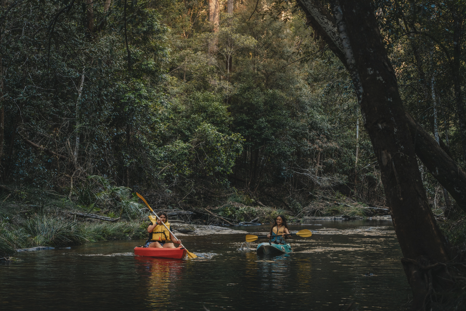 Two girls kayaking in Nightcap National Park