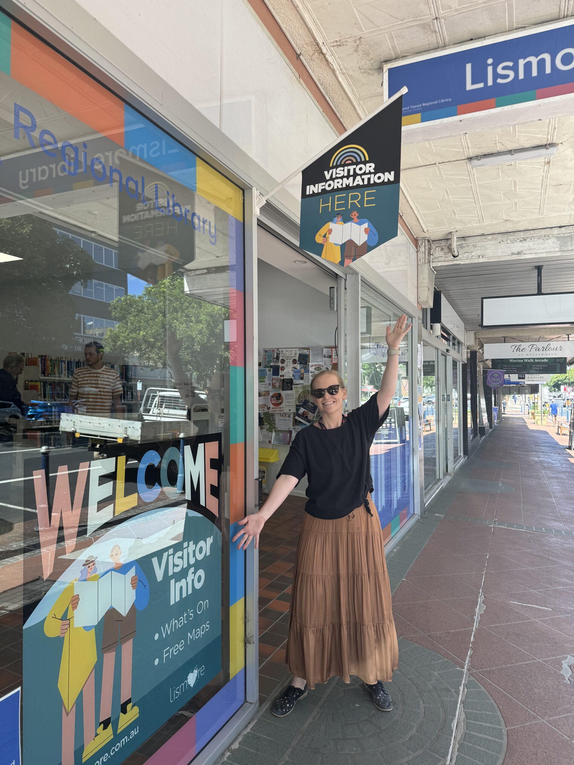 Destination team welcoming visitors at the Lismore Pop-Up Library Visitor Information Hub