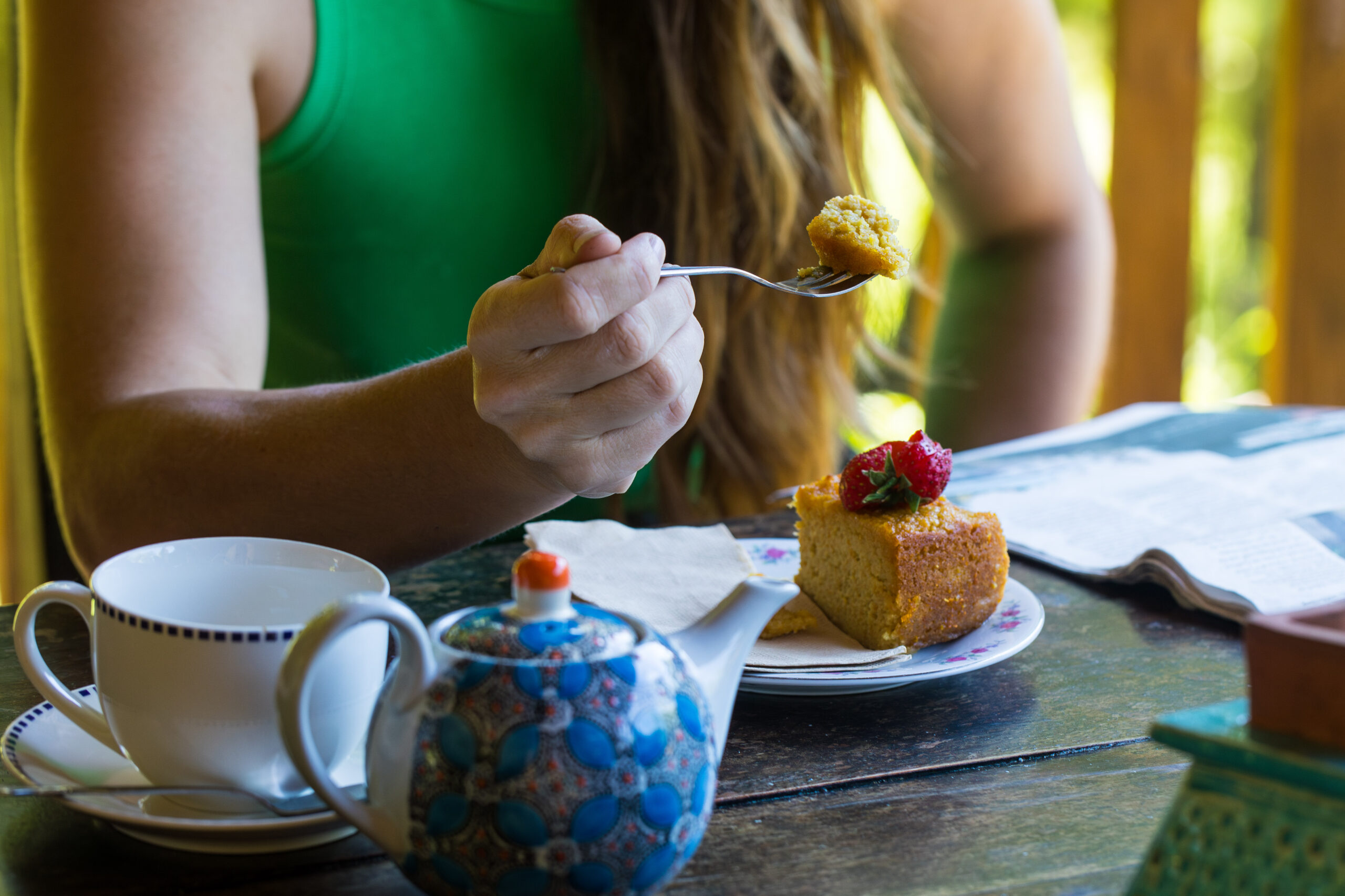 Enjoying a cup of tea and cake